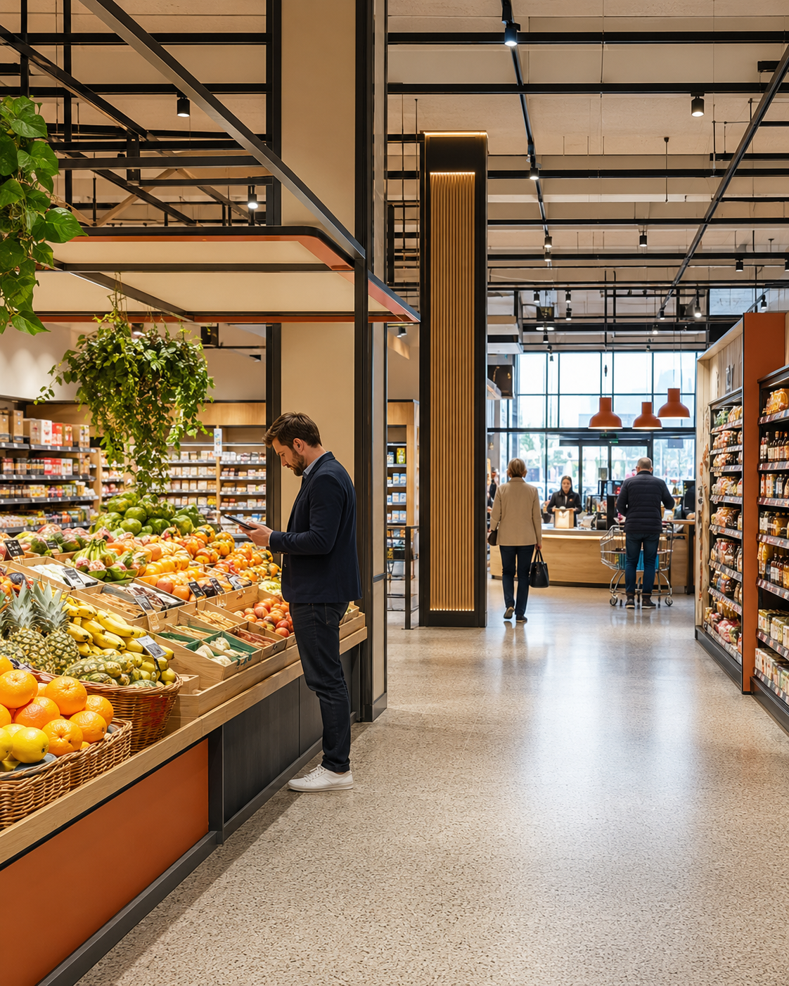 Professionnel contrôlant l’aménagement d’un supermarché contemporain